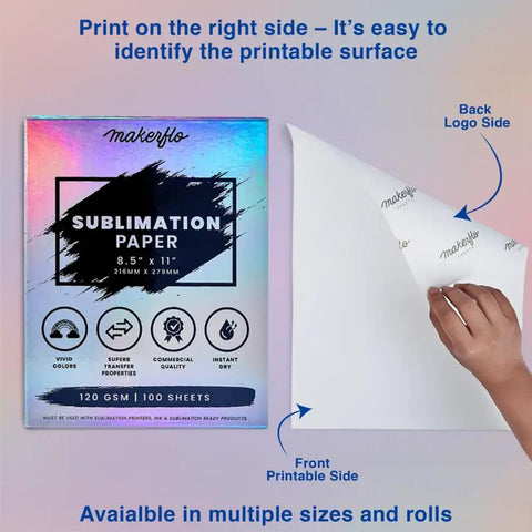 Pro Grade Sublimation Paper 8.5 x 11 Inch 100 Sheets showing printable and back surfaces, for heat transfer on various items.