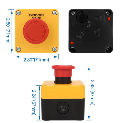 Industrial Emergency Stop Switch With Enclosure Red Mushroom Button 660V 10A 1NO 1NC IP65 Front and Side View Dimensions