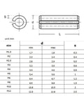Diagram and size chart of Split Spring Roll Pins In 304 Stainless Steel Diameters 1.5mm To 10mm And Lengths 30mm To 55mm