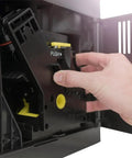 Close-up of the control panel on the Top Shelf Automatic Espresso Brewer with a hand adjusting the features.