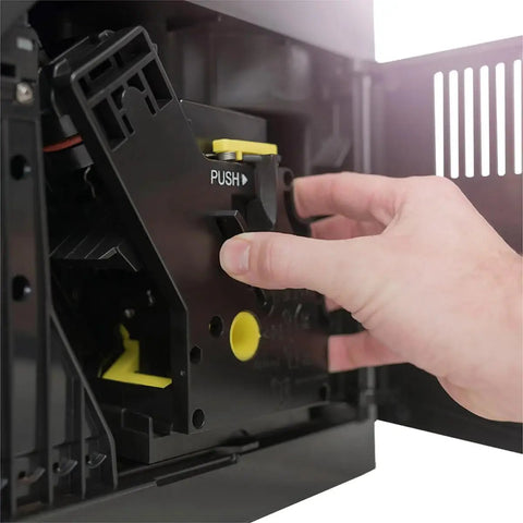 Close-up of the control panel on the Top Shelf Automatic Espresso Brewer with a hand adjusting the features.