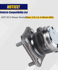 Rear Wheel Bearing And Hub Assembly For 2007-2012 Nissan Sentra, 4 Lug, ABS, 512384 Replacement, Rear Position