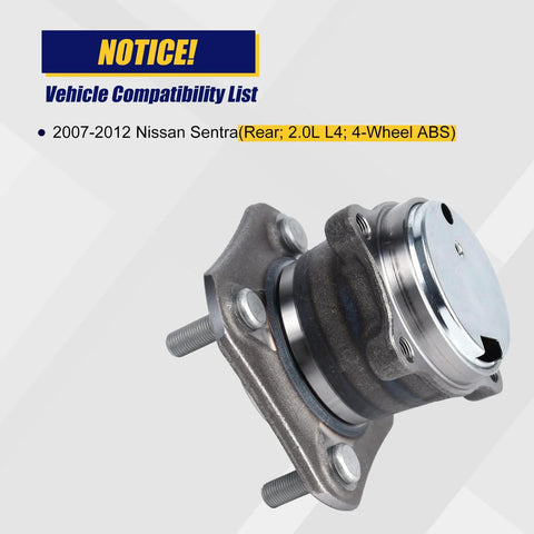 Rear Wheel Bearing And Hub Assembly For 2007-2012 Nissan Sentra, 4 Lug, ABS, 512384 Replacement, Rear Position