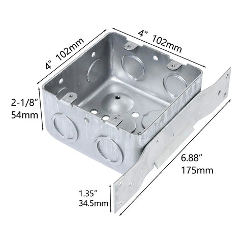 Heavy Duty Four Inch Square Electrical Box With Side Bracket For Easy Mounting Two And One Eighth Inch Deep Metal Junction Box Galvanized Built To Last With One Half Inch And Three Quarter Inch Knockouts Four Pack showing dimensions