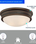 Two Light Indoor Flush Mount Ceiling Fixture In Oil Rubbed Bronze With Frosted Glass And Highlight Detailing Classic Vibe Style 13 Inch Ceiling Light For Living Rooms And Hallways