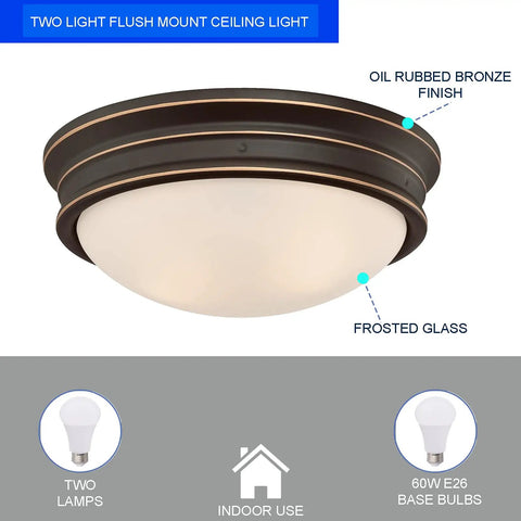 Two Light Indoor Flush Mount Ceiling Fixture In Oil Rubbed Bronze With Frosted Glass And Highlight Detailing Classic Vibe Style 13 Inch Ceiling Light For Living Rooms And Hallways