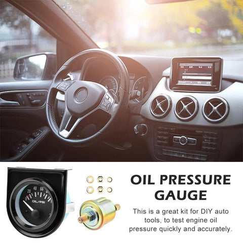 Car interior with universal oil pressure gauge kit for DIY testing.