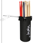 Ultimate Drumstick Bag Holder For 14 Pairs With Metal Rod Extension and Heavy Duty 1200D Water Repellent Case, black holder with drumsticks.