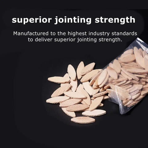 Wood Joining Biscuits Set, 100 Pack in 0, 10, and 20 Sizes, Solid Hardwood Dowels for Tight Bonding in a clear plastic bag on black background.