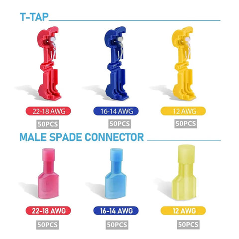 Hot 300 PCS Insulated T-Taps Quick Splice Wire Connectors For 22 To 10 AWG Cables And Super Durable Spade Terminals Kit You Gonna Love, T-tap and male spade connectors