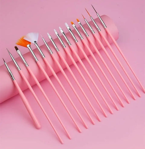 Close-up of 15 nail brushes from 21 Piece Nail Art Kit With Resin Palette Dotting Pens And Brushes For Acrylic Nails And Nail Art