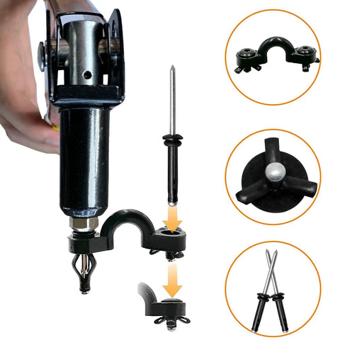 Hella Tough Kayak Rivet Gun Kit With 18 Pcs Waterproof Tri Grip Rivets and Extended Nose Manual Hand Tool for Marine Fixes, showing components.
