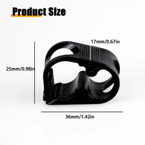 Adjustable Water Flow Control Tube Clip dimensions shown in side view, black plastic, for 1/4 to 1/2 inch tubes.