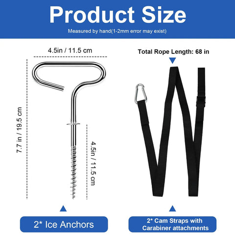 Heavy Duty Ice Shelter Tie Down Kit With Two Beefy Grip Self Tapping Anchors And Two Cam Straps For Ice Fishing Tents.
