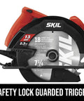 Heavy Hitter 13 Amp 7 1/4 Inch Corded Circular Saw In Bright Red showcasing safety lock trigger and blade details.