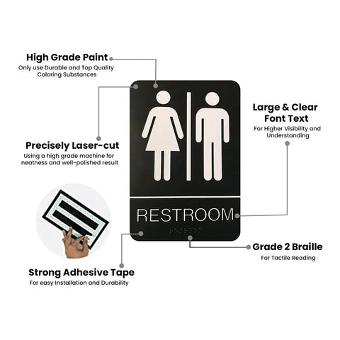 Unisex Braille Restroom Sign With Graphical Symbols And 3M Double Sided Tape For Quick No Fuss Install In Under A Minute