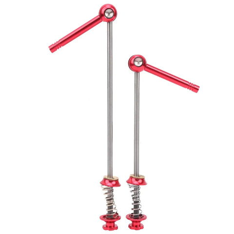 Red titanium alloy quick release skewer levers for mountain and road bikes, ultra lightweight wheel fastener with movable handle and twist lock.