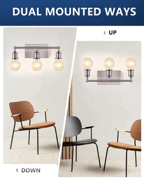 Dual mounted view of Three Light Brushed Nickel Bath Vanity Fixture Up Down Wall Sconce Sleek Modern Industrial Retro Metal Wall Lamp