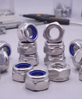 Premium 304 Stainless Steel Metric Nylon Insert Lock Nuts 60 Piece Assortment Kit M5 M6 M8 M10 M12 Sizes displayed in stacks.