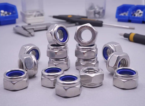 Premium 304 Stainless Steel Metric Nylon Insert Lock Nuts 60 Piece Assortment Kit M5 M6 M8 M10 M12 Sizes displayed in stacks.