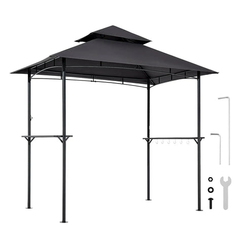 Grill Gazebo 8x5 Ft Outdoor BBQ Shelter with Double Tier Roof, Powder Coated Steel Frame, 2 Side Shelves, 8 Hooks, Canopy for Grilling.