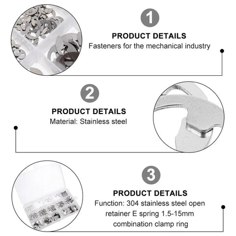 All In One Retaining Ring Kit With Stainless Steel External Snap Rings In E Shape 400 Piece Assortment For Automotive Machinery And DIY Projects Durable Metal Clips For Quick Secure Fastening And Easy Installation, stainless steel 400-piece E-ring assortment