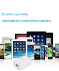 USB Wall Charger 5V 2A Fast Charging Plug For iPhone iPad Samsung Kindle And More 100-240V Travel Ready White 2 Pack With Smart IC And Overload Protection displayed with compatible devices