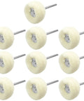 Set of 10 cashmere polishing buffing wheels with 1/8 inch shank for rotary tool, ideal for jewelry or watch polishing.