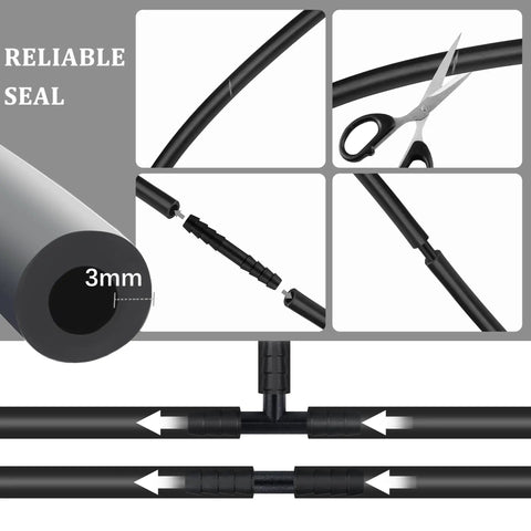 Close-up of Silicone Vacuum Hose Kit with 6 hoses each 4.92 feet and 64 connectors, featuring flexible tubing and cutting illustration.