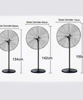 Heavy Duty Industrial Pedestal Fan With Rock Solid Aluminum Blades And Wide Swing Oscillation, 3 Speed High Velocity Floor Standing Unit showing varying sizes.