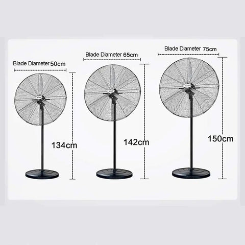 Heavy Duty Industrial Pedestal Fan With Rock Solid Aluminum Blades And Wide Swing Oscillation, 3 Speed High Velocity Floor Standing Unit showing varying sizes.