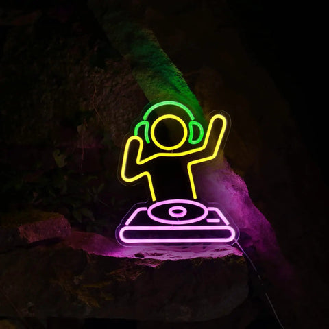 Neon Sign For Bar And Man Cave USB Powered Dimmable LED Neon Light Wall Decor Cute Anime Style Neon Sign For Bar Party And Home Decor And Bedroom Vibe featuring DJ with headphones in yellow and pink LED.