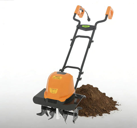 Beast Corded Garden Tiller Cultivator With Foldable Handle 14 Inch 12 Amp Motor Four Steel Tines next to turned soil