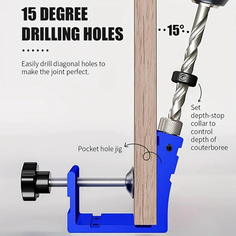 Diagram of Pro Grade Pocket Hole Jig Kit With Adjustable Punch Locator demonstrating a 15 degree drilling angle on wood.