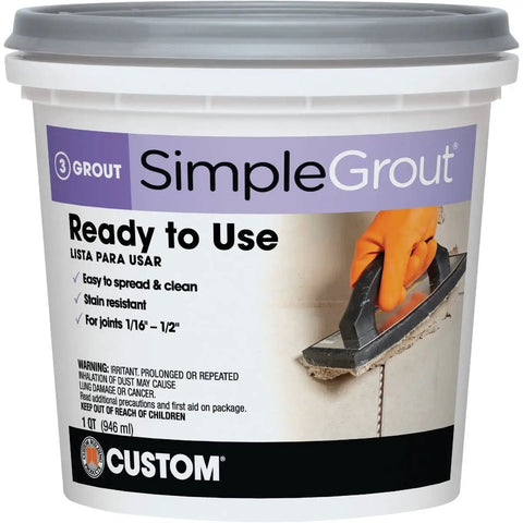 Container of No Mix Premium Grout In Delorean Gray, 1 Quart, Ready To Use Sanded Grout For 1/16 To 1/2 Inch Joints with label details.