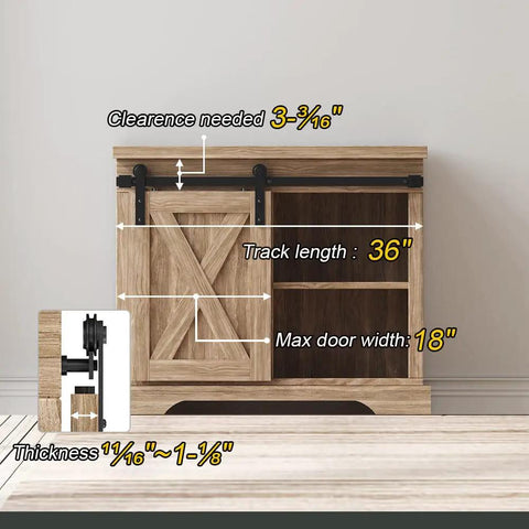 Image of cabinet with 3 Ft Barn Door Track Kit For Cabinets And Closets, Single Door Fits 15 To 18 In, showing I Shape Hanger Hardware System.