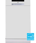 Whip Dishes Clean With This Slick 18 Inch Wide Portable Dishwasher Featuring A Stainless Steel Tub, Eight Place Settings, Energy Star Efficiency, Six Smart Wash Cycles, And Time Delay Setup In Crisp White Finish For Your Home - Front view with logo.
