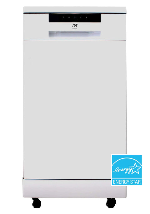 Whip Dishes Clean With This Slick 18 Inch Wide Portable Dishwasher Featuring A Stainless Steel Tub, Eight Place Settings, Energy Star Efficiency, Six Smart Wash Cycles, And Time Delay Setup In Crisp White Finish For Your Home - Front view with logo.