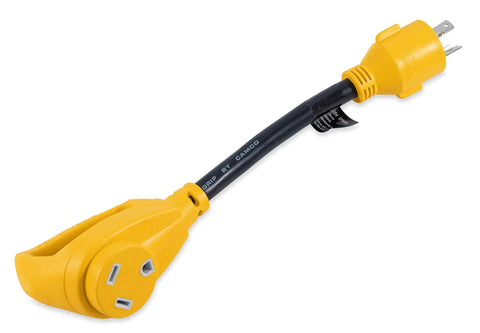 Tough As Nails 30 Amp Generator To RV Adapter Cable With Locking Nema L5 30 Male Plug And Standard Nema Tt 30 Socket For Plug And Play Road Trip Camping Hookups, yellow connector and black cable.