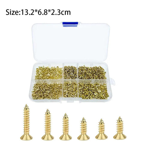 Gold Finish Self Tapping Screws Bulk Pack 1200Pcs Countersunk M2 M2.5 M3 in organizer box with assorted sizes for DIY projects.
