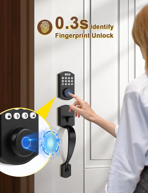 Fingerprint Door Lock Set With Keyless Entry Knob And Lever Handle, Matte Black Electronic Keypad Deadbolt With Auto Lock, 2 Keys