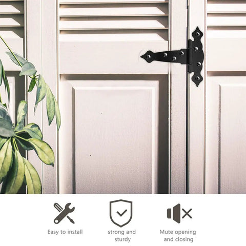 Beefy Heavy Duty Gate Hinges 6-Inch for Wood Fences mounted on white door, iron hardware with weatherproof coating visible