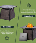 28 Inch Wicker Propane Fire Pit Table For Outdoor Use With 50,000 BTU Gas Fire Pit And Lid, Lava Rocks Included, Brown Rattan