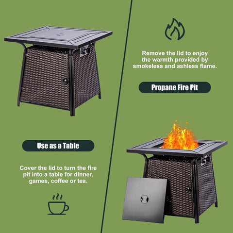 28 Inch Wicker Propane Fire Pit Table For Outdoor Use With 50,000 BTU Gas Fire Pit And Lid, Lava Rocks Included, Brown Rattan