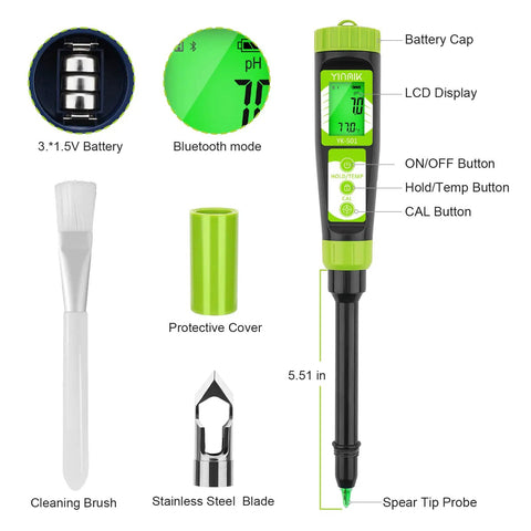 Digital Soil pH Meter for Gardeners, Fast Direct pH Tester with accessories including battery, LCD display, and protective cover