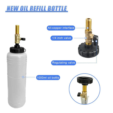 1L Pneumatic Brake Fluid Bleeder Kit With Vacuum System showing 1000ml refill bottle and valve components