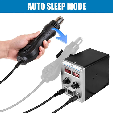2 In 1 Soldering Station With SMD Hot Air Rework, LED Dual Digital Display, showcasing auto sleep mode feature