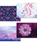 8 RFID Blocking Sleeves With Purple Designs, Anti Theft Card Protector featuring floral, marble, mountain, and daisy patterns