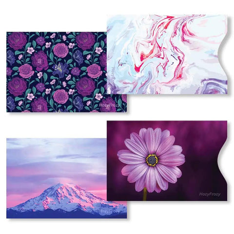 8 RFID Blocking Sleeves With Purple Designs, Anti Theft Card Protector featuring floral, marble, mountain, and daisy patterns