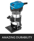 Built Like A Tank Compact Router With Fixed Plunge And Tilt Bases, 1.25 HP Workhorse Woodworking Tool with aluminum base.
